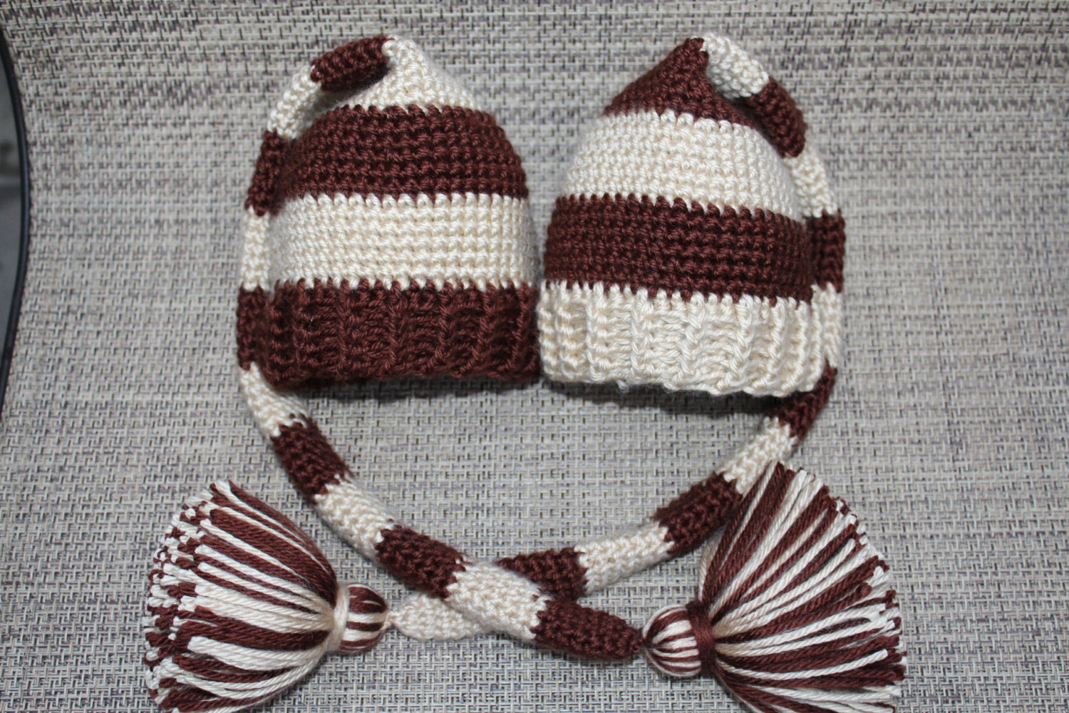 Newborn Twin Boy Elf Hats, Twin Pixie Hats, Photo Prop, Long Tail hats in Brown.