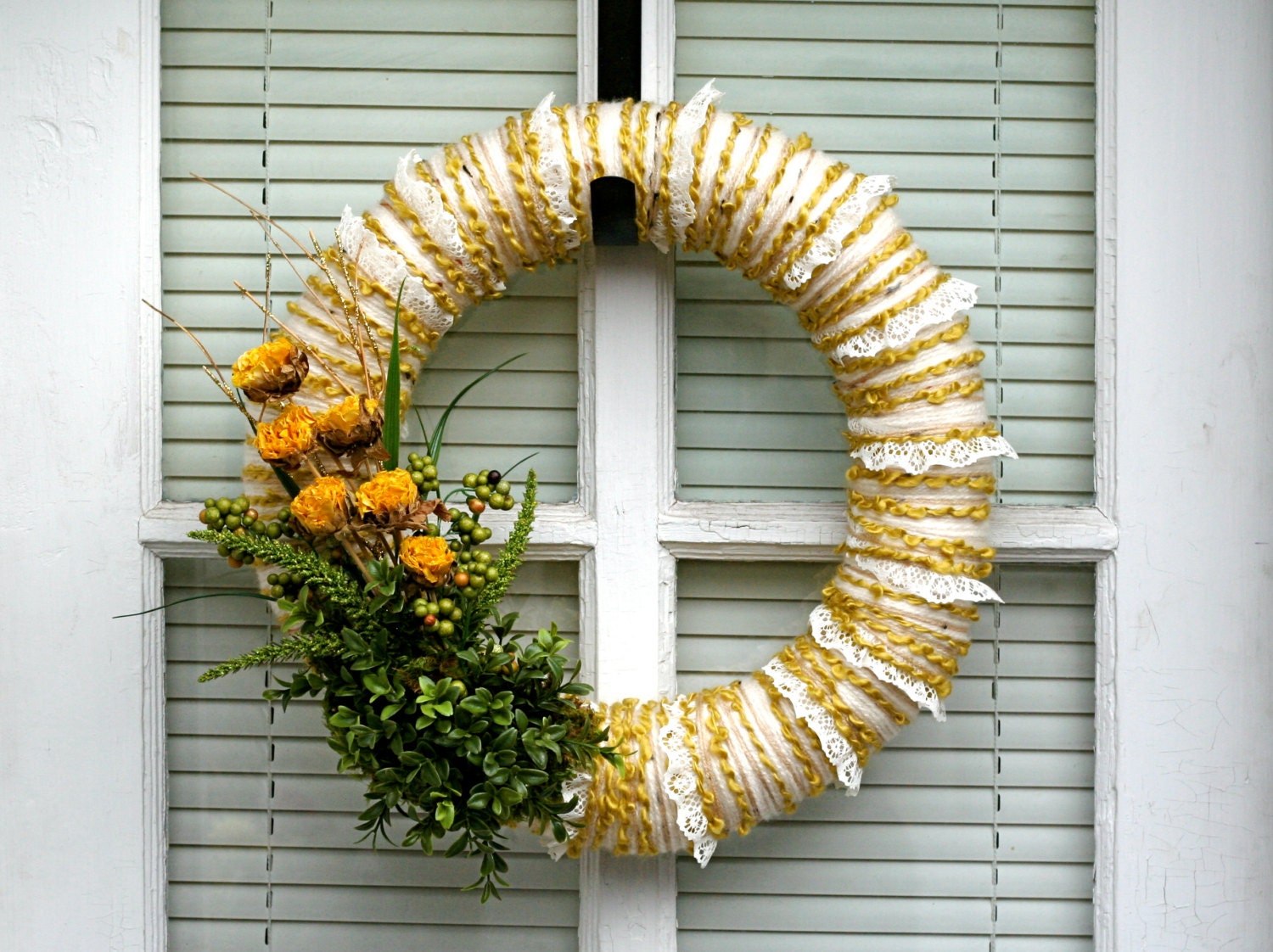 SALE: Spring Green, Yellow, and Gold Romantic Yarn Wreath with Dried Yellow Roses, Lace Ribbon, Moss, and Greenery