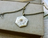 Luxe, Pearl and Glass Hexagonal Pendant Necklace, Rare, Antique Mother of Pearl and Glass with fine gold detailing by Donna Sutor