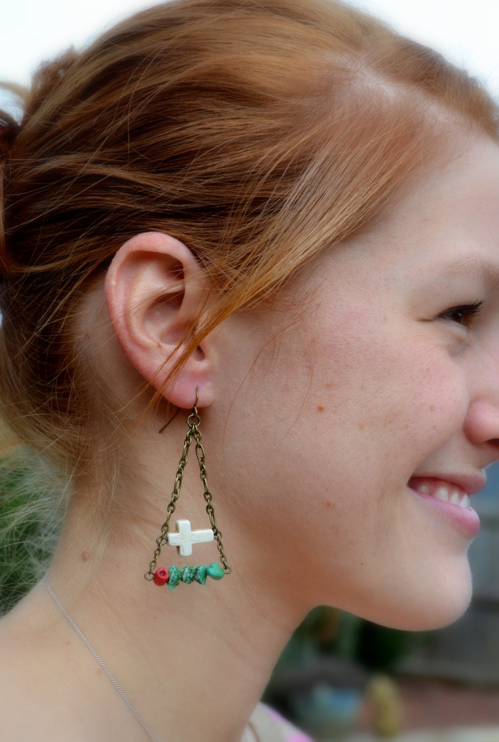 OOAK White cross howlite Red coral & Green turquoise chandelier earrings - Triangle Brass dangle earrings