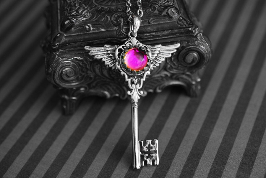 Winged skeleton key necklace - pink/color changing rhinestone - gothic, victorian, steampunk