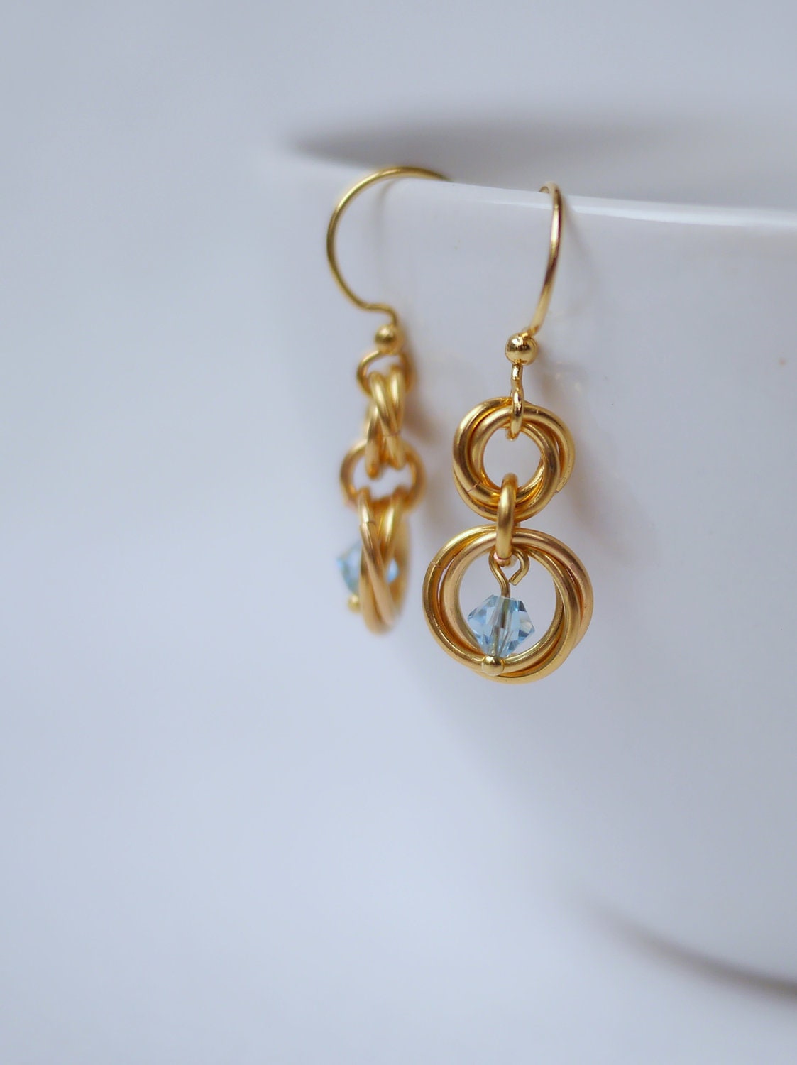 Tiffany Blue Swarovski and Gold Chainmaille Earrings -- Holiday, Special Occasion, Gifts for Her