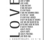 Printable Scripture 1 Corinthians 13 4 8 Love Never Fails Print Typography Digital File Grey Black White Large Poster
