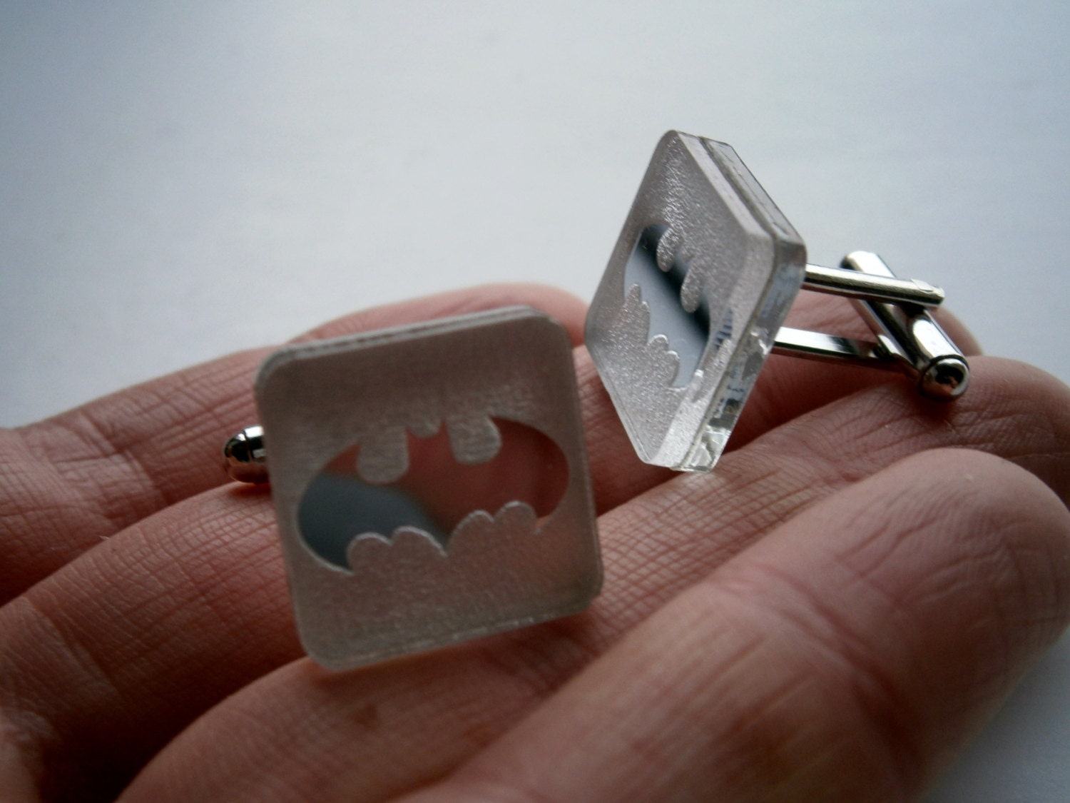 Sale 20  Batman Cuff  Links,  Laser Cut Rectangle Mirror Plastic and Engraved Batman Logo Cufflinks