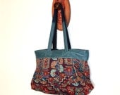 Upcycled Leather Bag Vintage Abstract Print Handmade Tote Unique Teal Red Recycled Denim