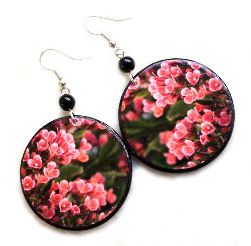 Pink flowers earrings decoupage floral earrings round earrings red green purple light pink earrings gift for her under 20