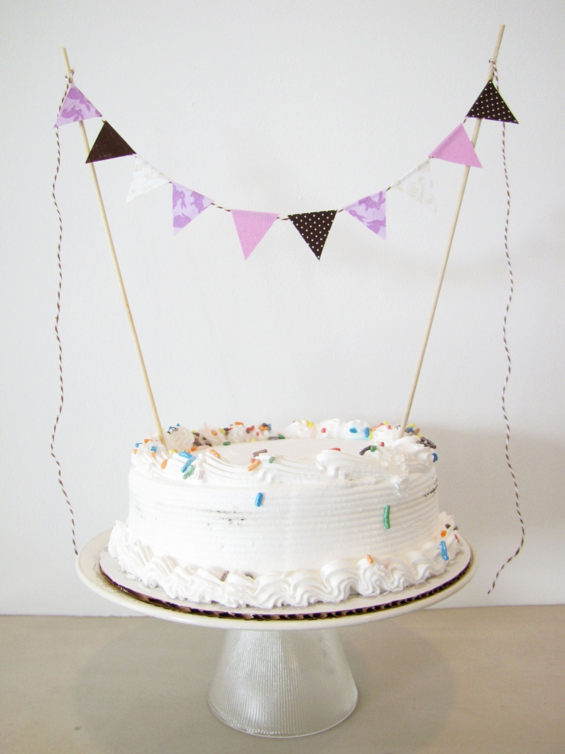 Fabric Cake Topper - Bunting Decoration - Wedding, Birthday Party, Shower Decor "Chocolate Bunny" lavender, white, brown, spring