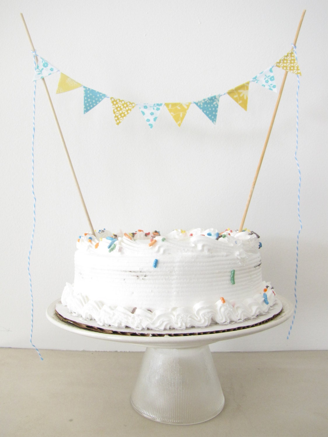 Fabric Cake Bunting Decoration - Cake Topper - Wedding, Birthday Party, Shower Decor in cornflower, aqua blue, mustard, yellow floral dots