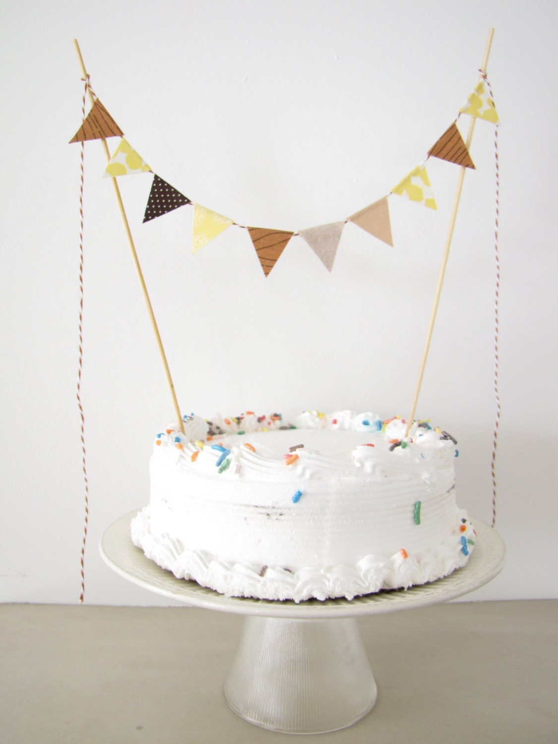 Fabric Cake Topper - Bunting Decoration - Wedding, Birthday Party, Shower Decor "Lemon Grove" rustic yellow chocolate brown polka dot burlap
