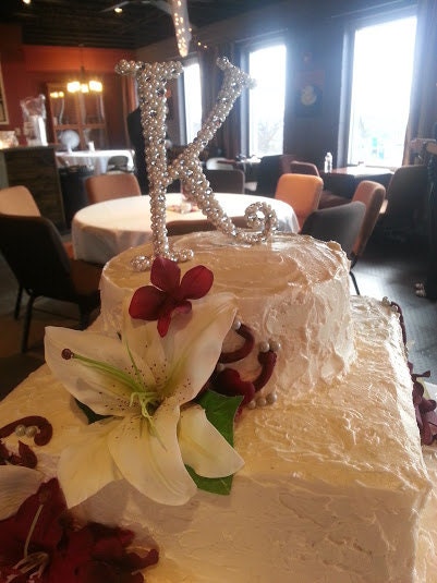 6 inch Pearl and Rhinestone Monogram Cake Topper