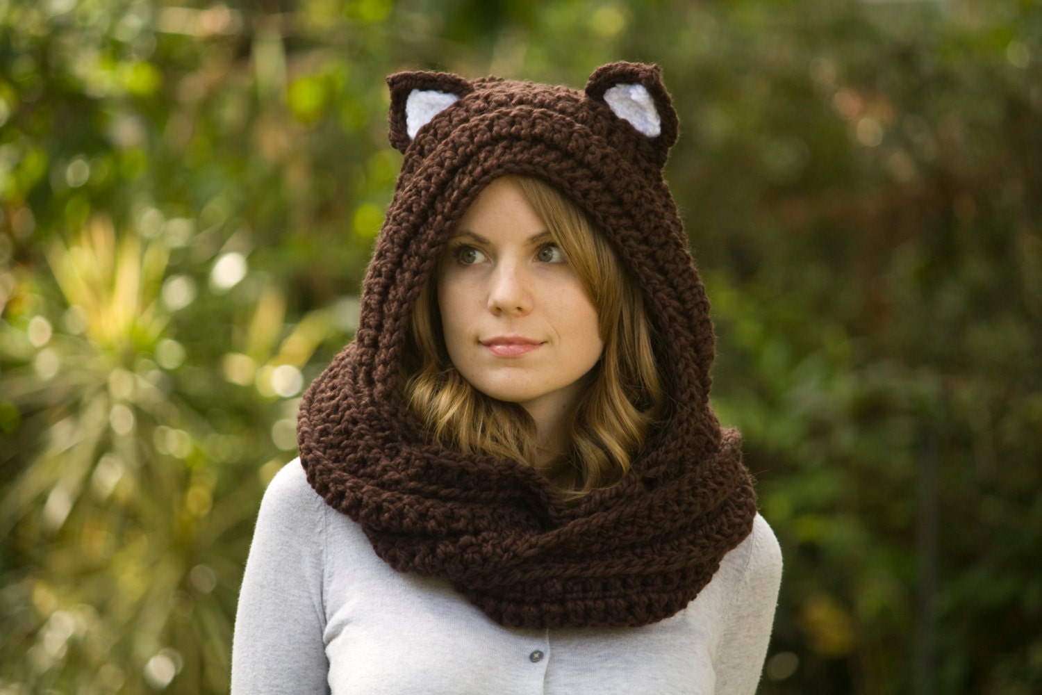 Cat Scarf, Brown Scoodie with Cat Ears, Hooded Scarf, Crochet Animal Hood