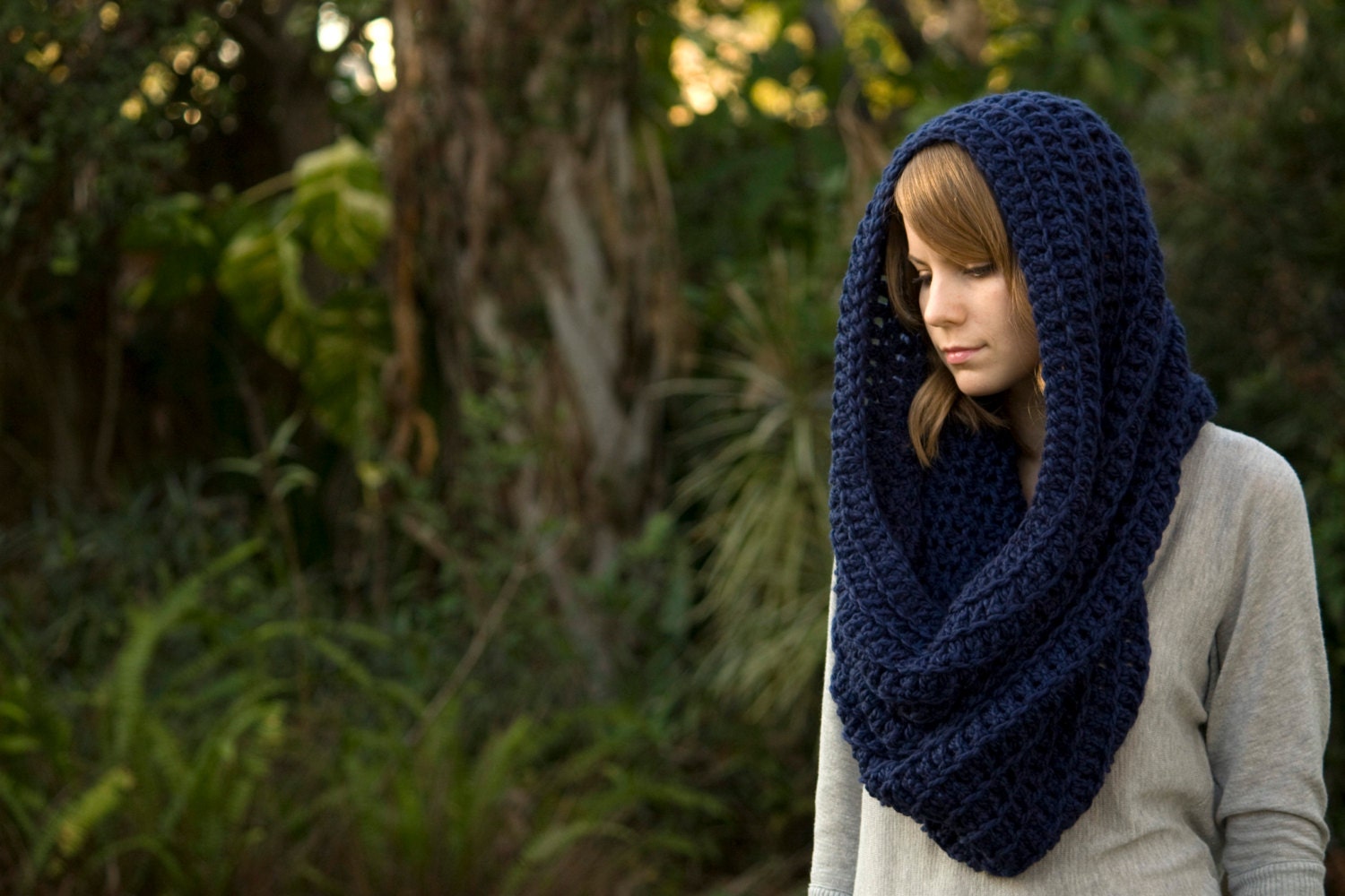 Oversized Hooded Cowl, Infinity Scarf, Navy Blue Crochet Chunky Cowl