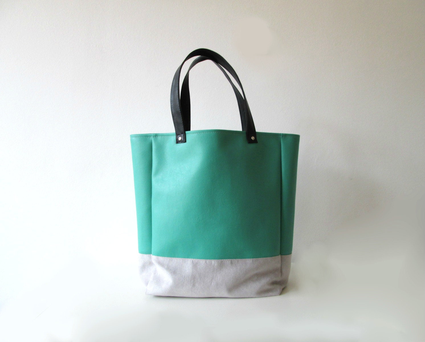 Leather Tote bag Dark Mint green and grey suede. Color block Vegan leather