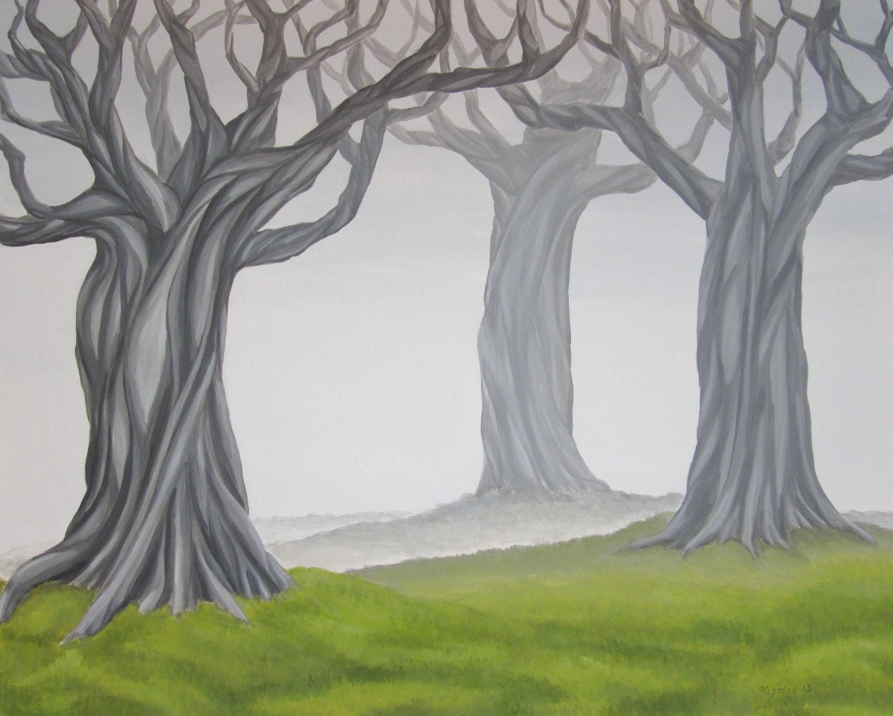 Misty Landscape Painting, Twisted Trees Painting, Gnarled Trees, Old Tree Fine Art, Tree Art, Green, Grey, Gray, Large Acrylic 24" X 30"