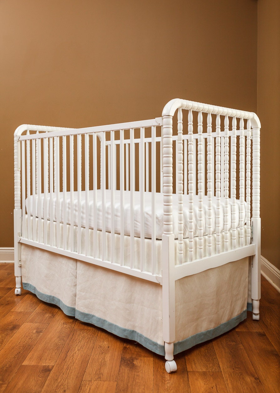 Adjustable Bustling Crib Skirt: White Canvas & Blue Washed Linen