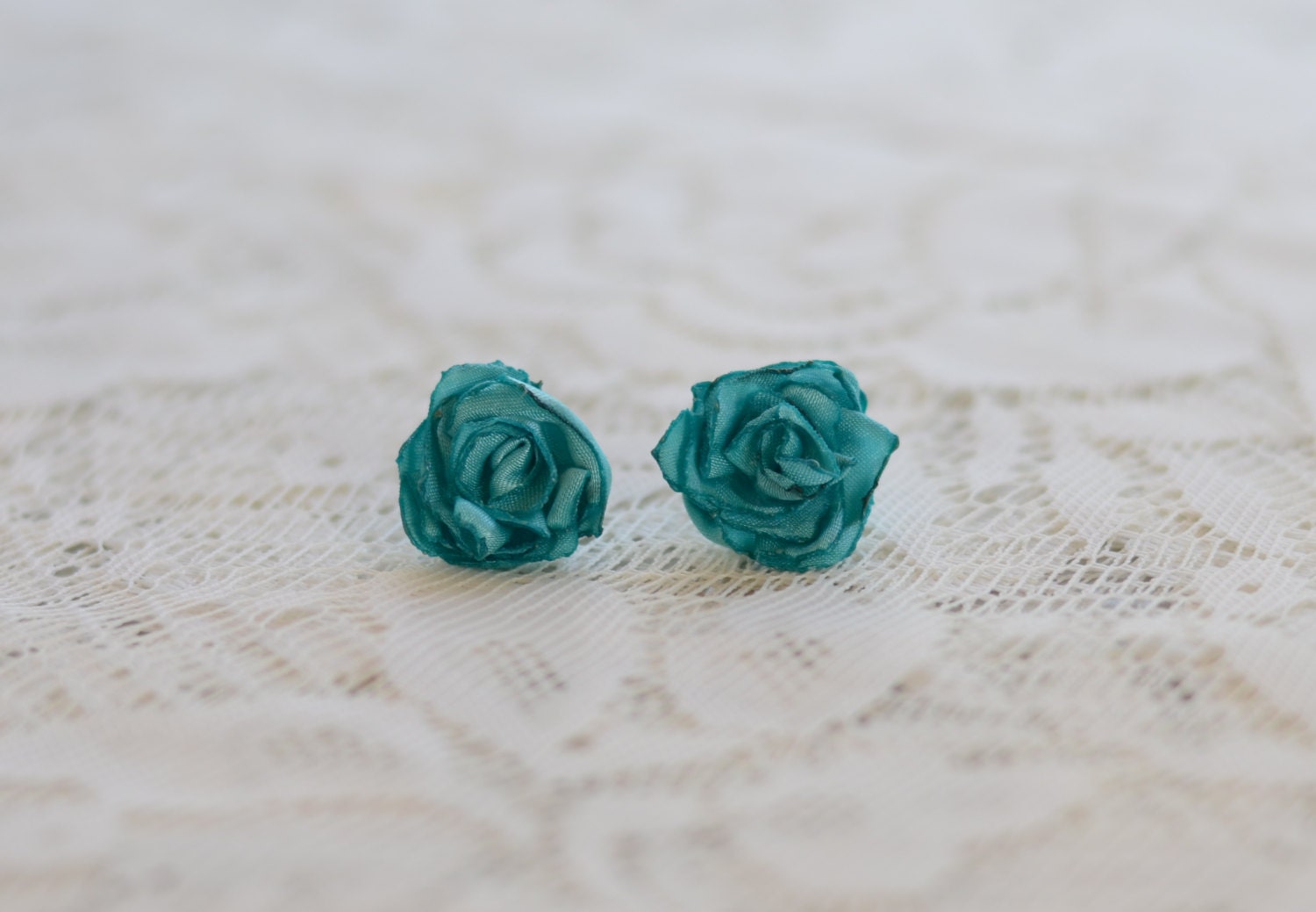 peacock blue post earrings--upcycled fabric flowers
