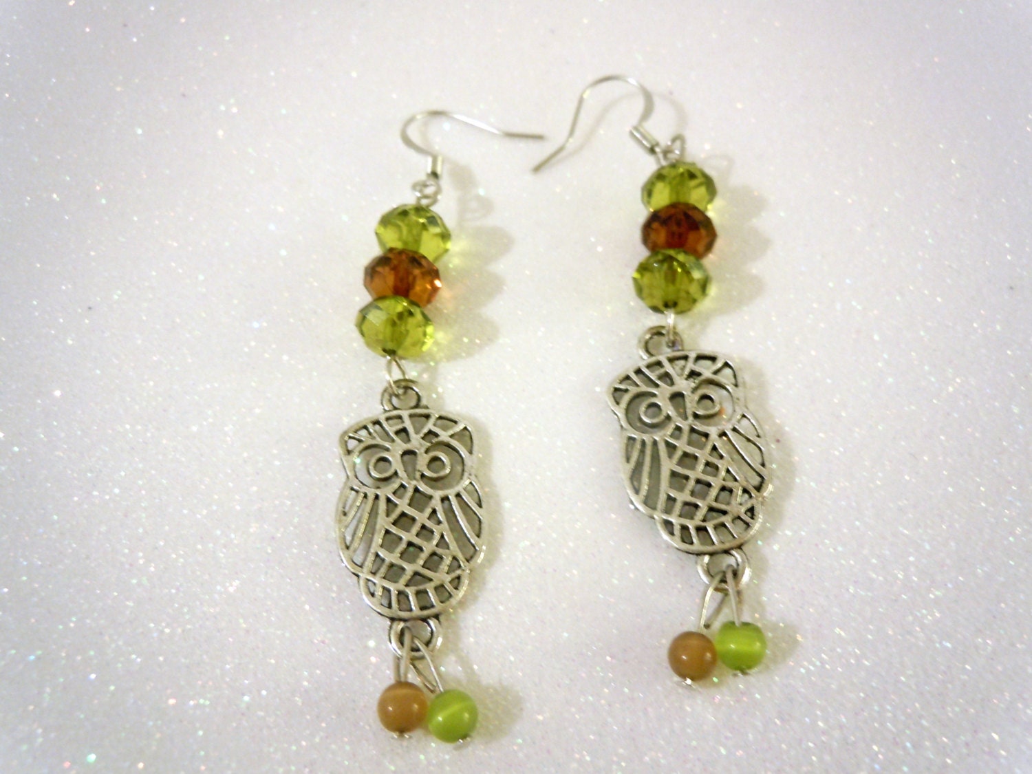 Silver Owl Earrings with Green and Brown beads