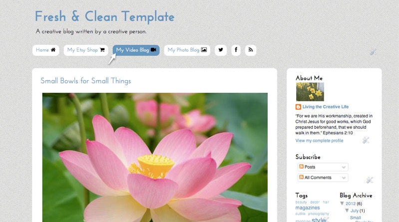 Premade Blogger Template - Fresh Clean Regular 2-Column Template - blue, tan, white, minimal, skinny, blogger, blog, clean