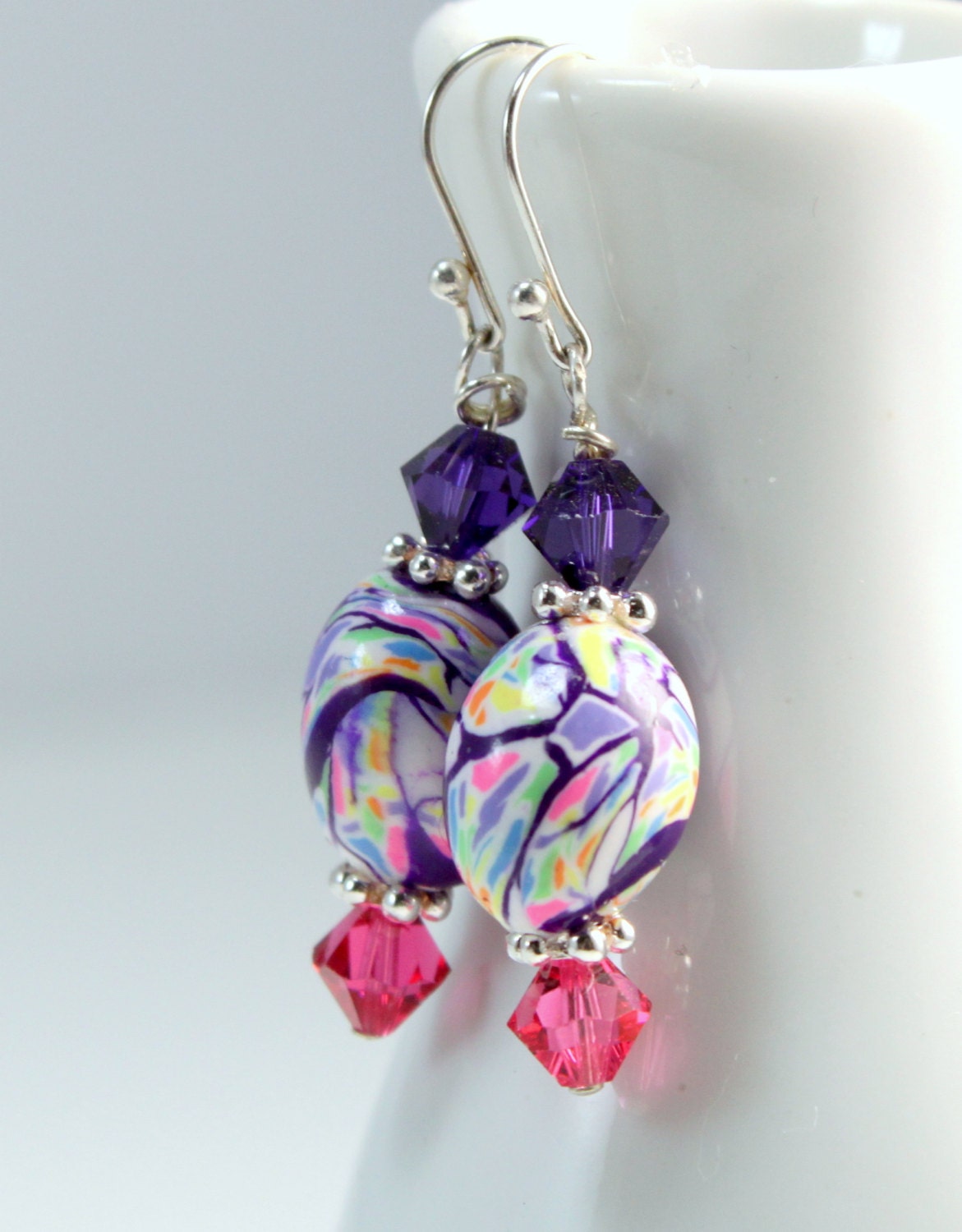 Purple and pastel Easter egg handmade polymer clay beads, Swarovski crystal and Sterling Silver earrings