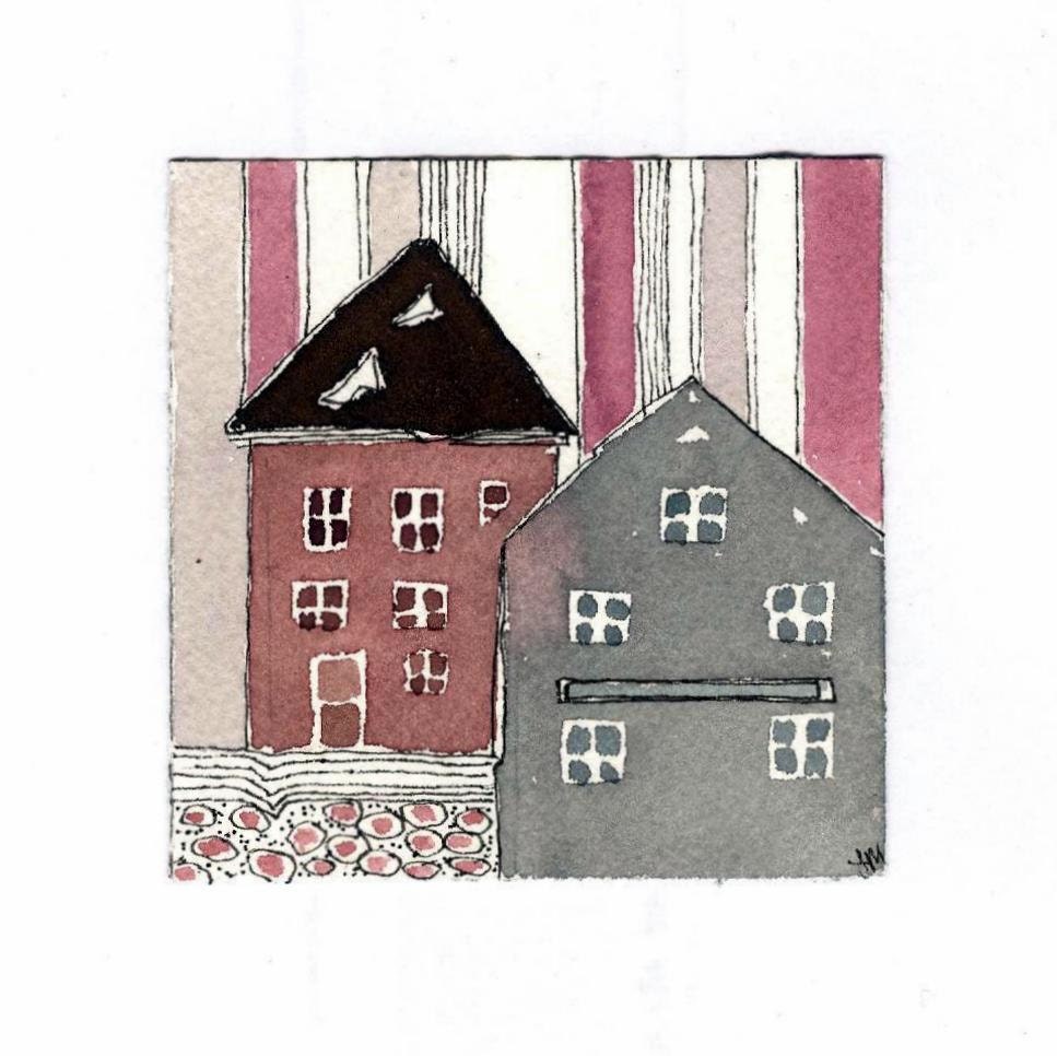 Original Art. " Houses With Pink Stripes "  Original Watercolor Painting. Affordable Art. OOAK