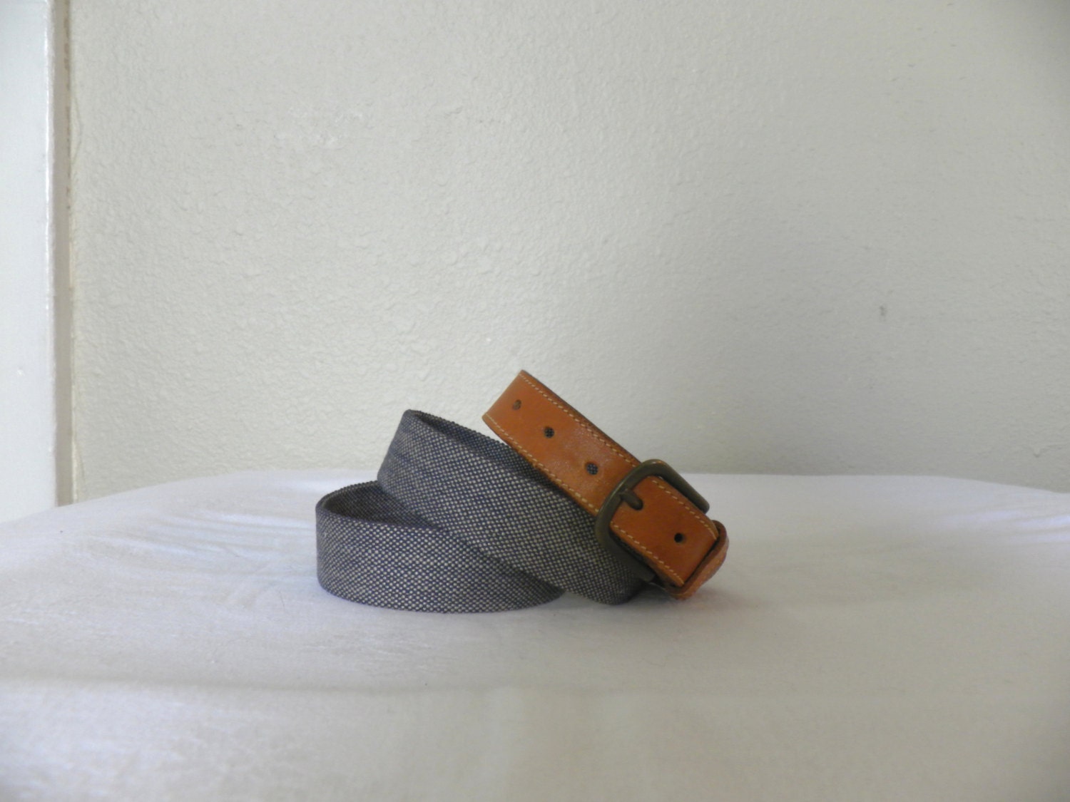 Vintage Lands End Belt - Mens Belt - Womens Belt - Navy Blue - Brown Leather - Woven Belt - Leather Belt - 36