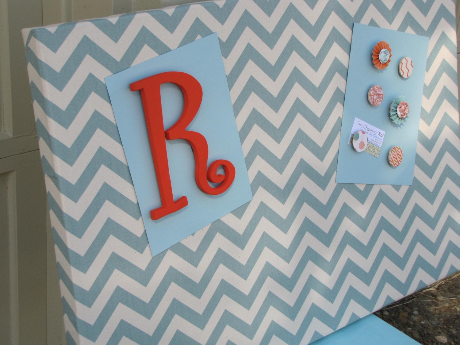 Chevron spa blue natural magnetic board, Orange initial Bulletin Board 22x28 Upholstered magnet memo board initial THE CHARMING WALL