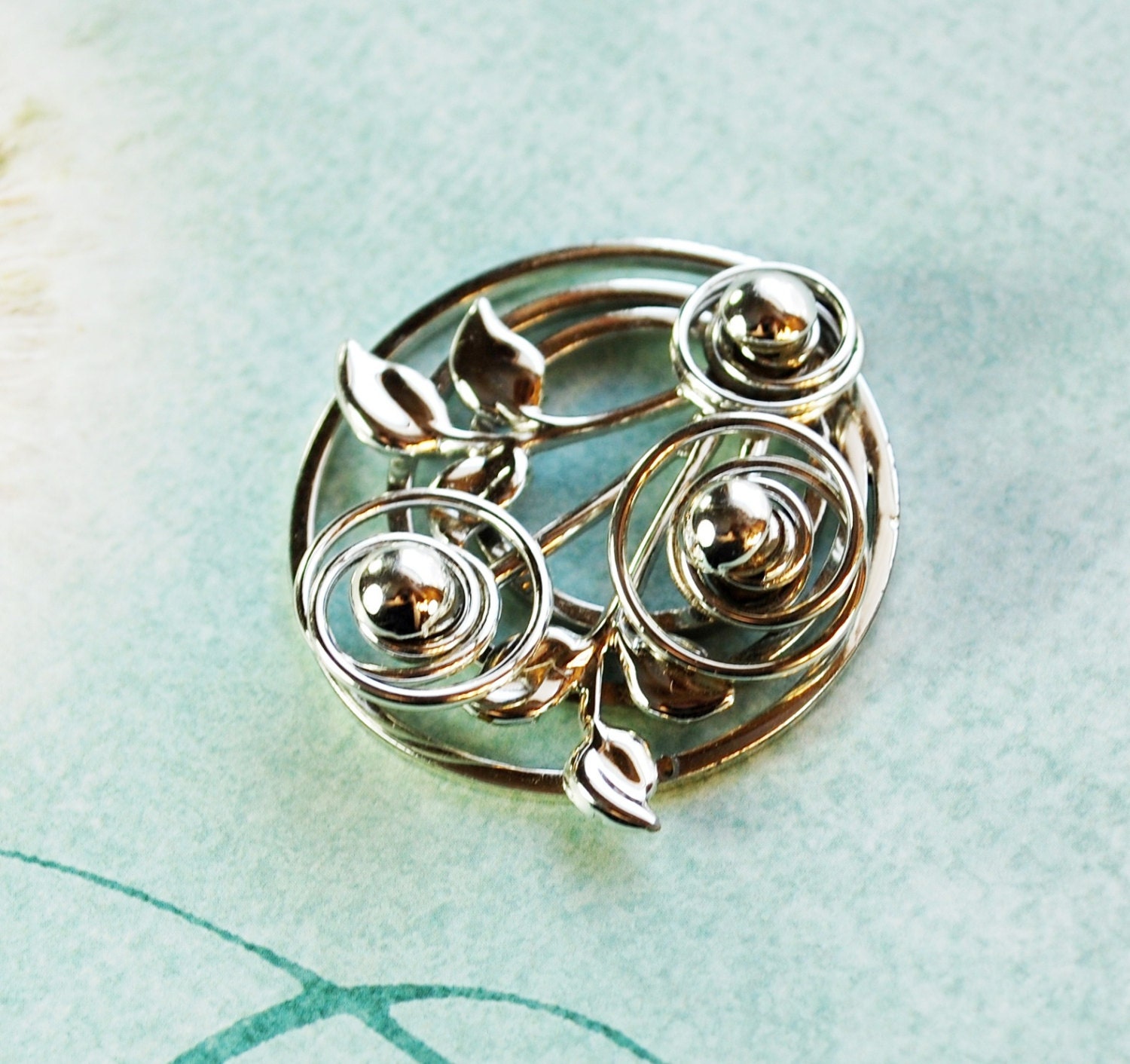 Vintage Necklace Pendant, Flowers Leaves, Circles Beads, Silver Tone Metal, 1970s Romantic Floral Spring Jewelry