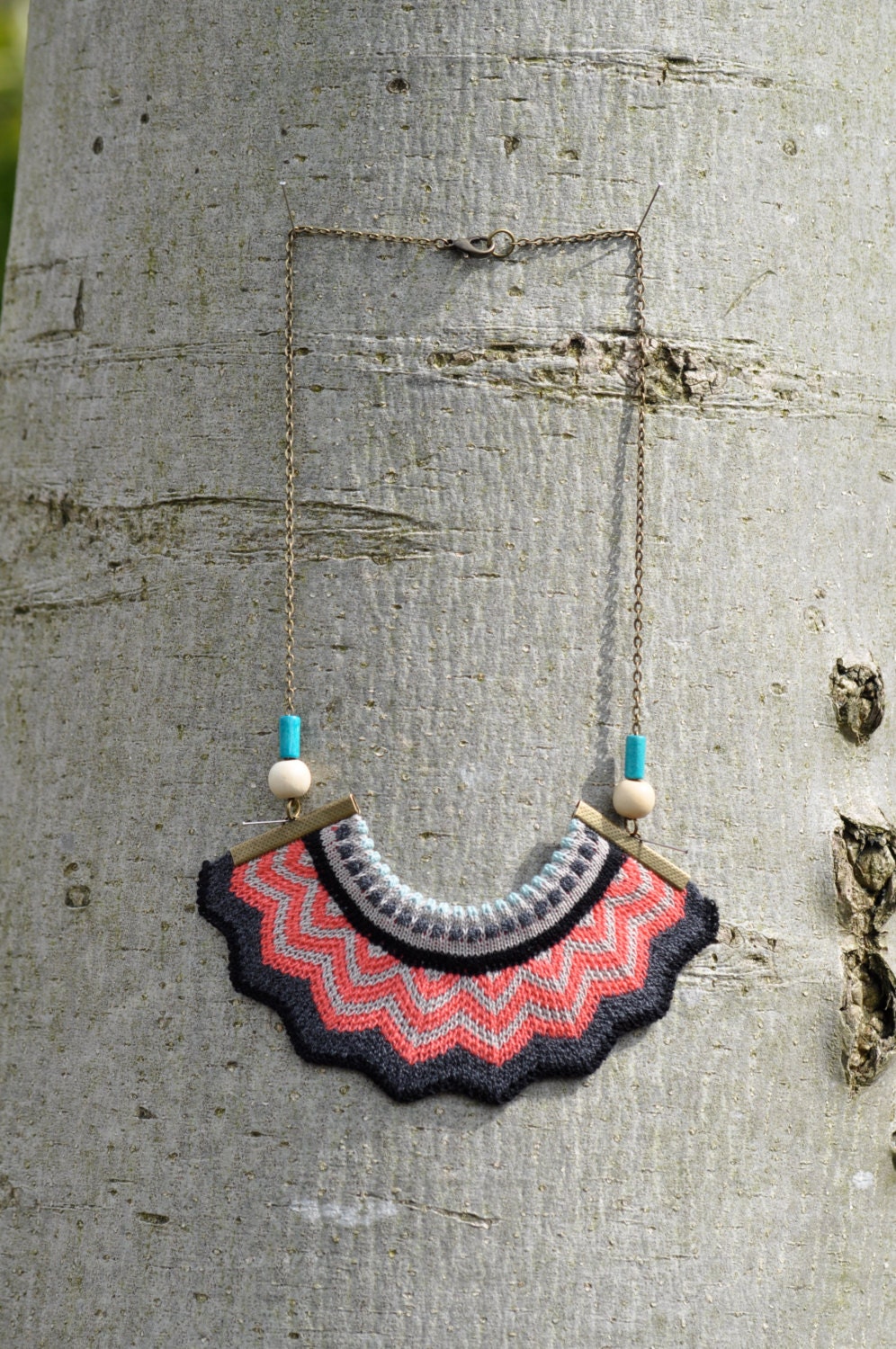 Chevron Crown - knitted coral statement necklace with chain and bead detail