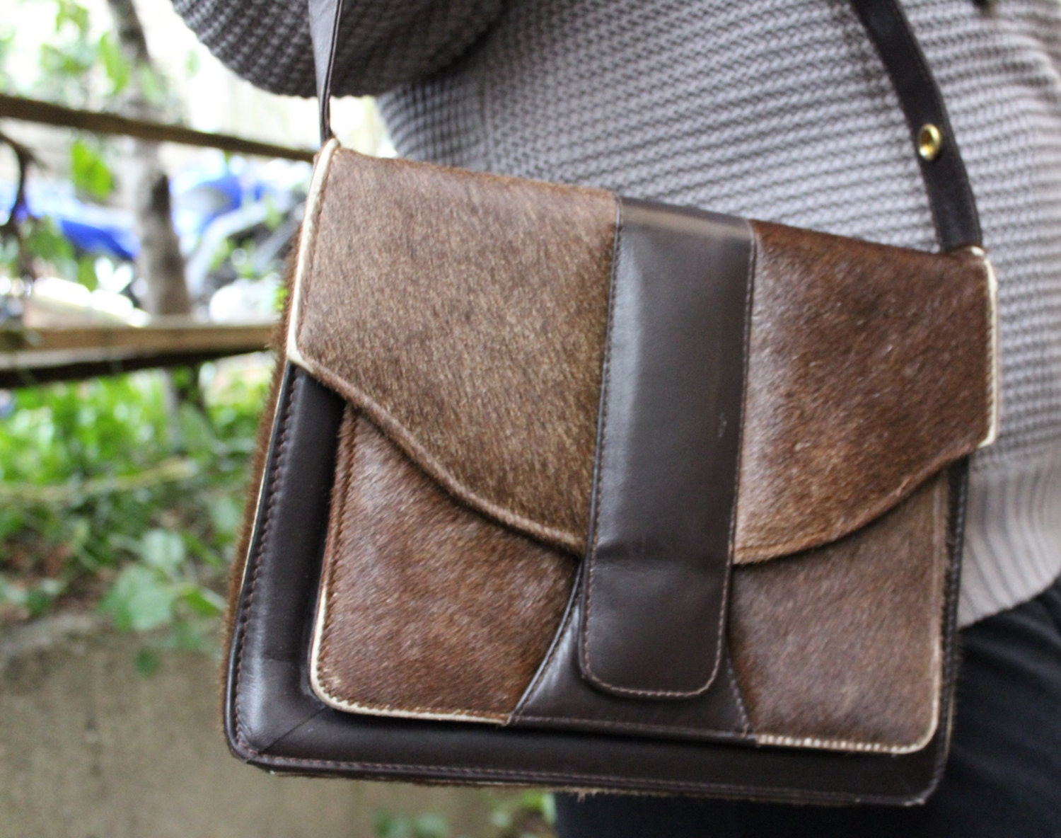 Vintage Brown Leather and Pony Hair Purse w/ Snap Closure