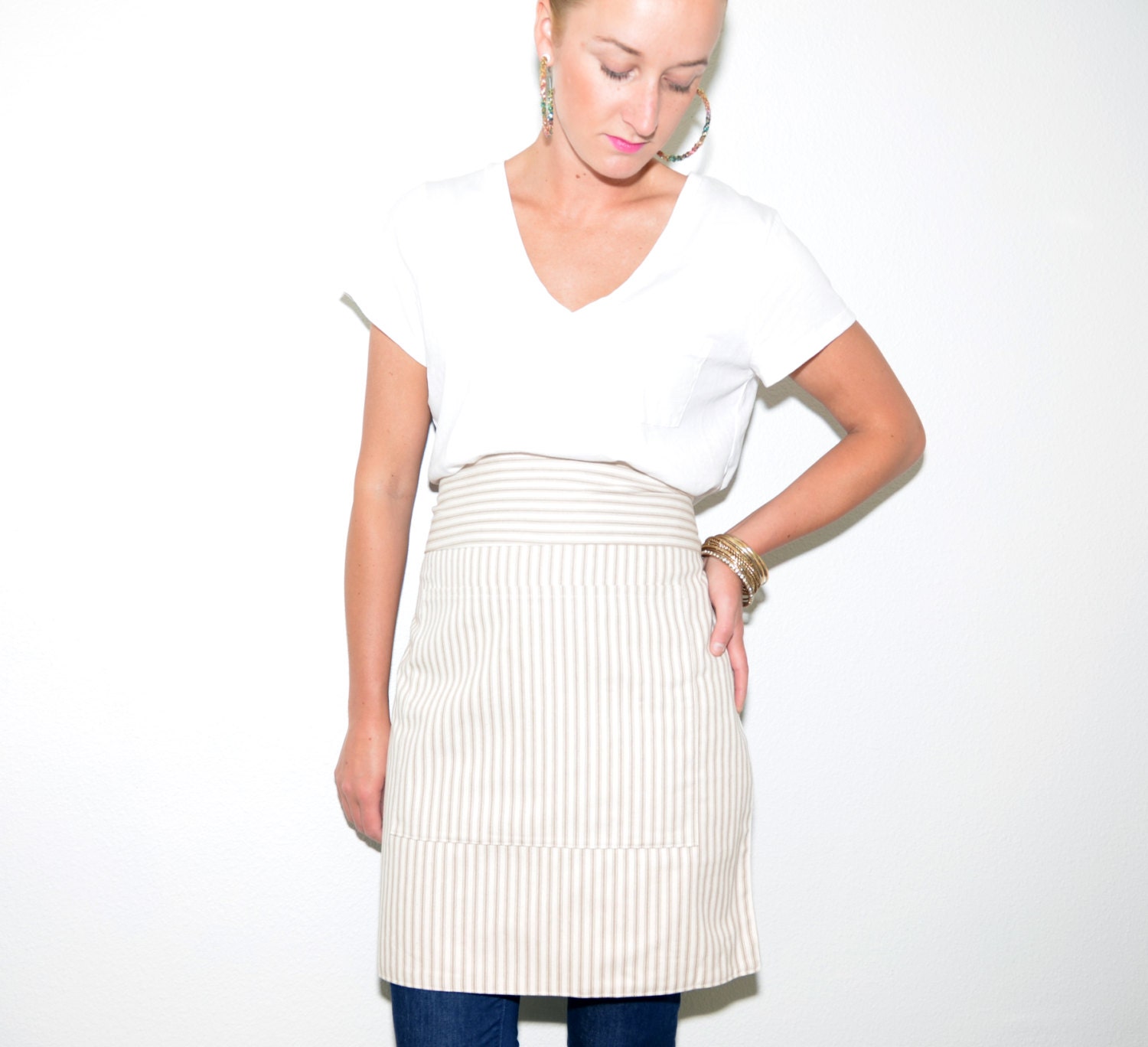 Sample Sale-Ready to Ship- Long Garcon Apron in Tan and Natural Stripes for Server Cook Barista Gardener Cafe