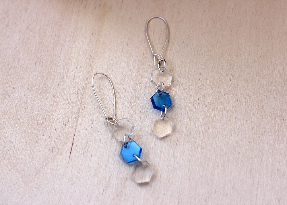 Geometric Dangle Earrings - 3 Hexagons with Silver Rings in Clear and Blue Acrylic