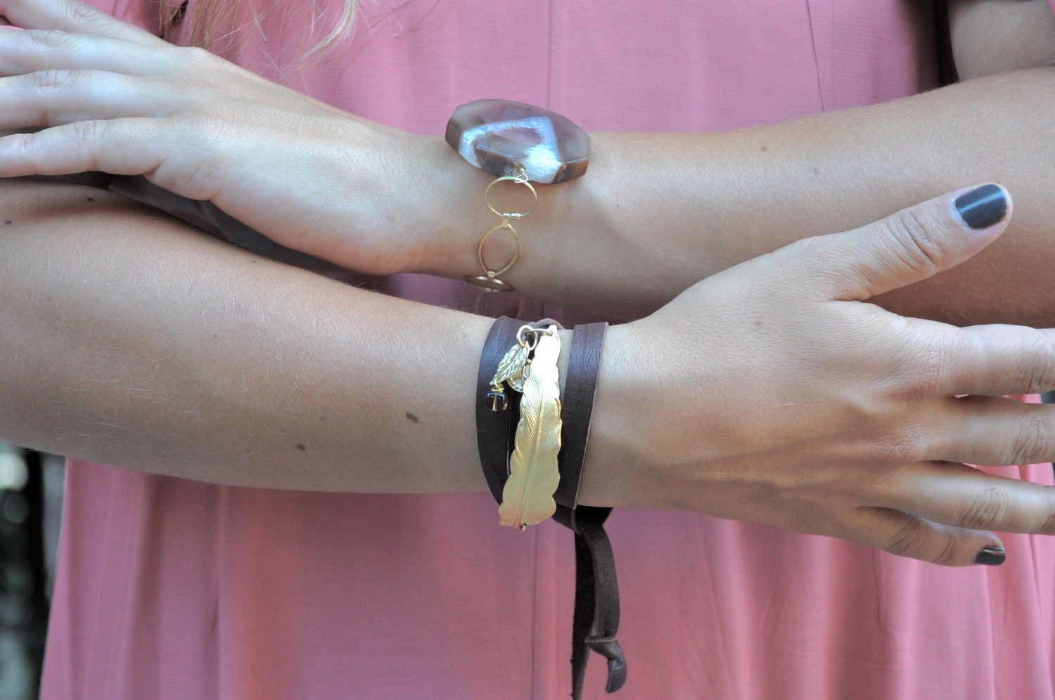 14K Gold Feather Rock Wrap Bracelet