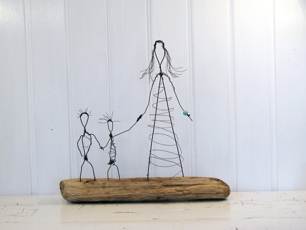 Mother and Son - Wire Sculpture. Driftwood Family Portrait.