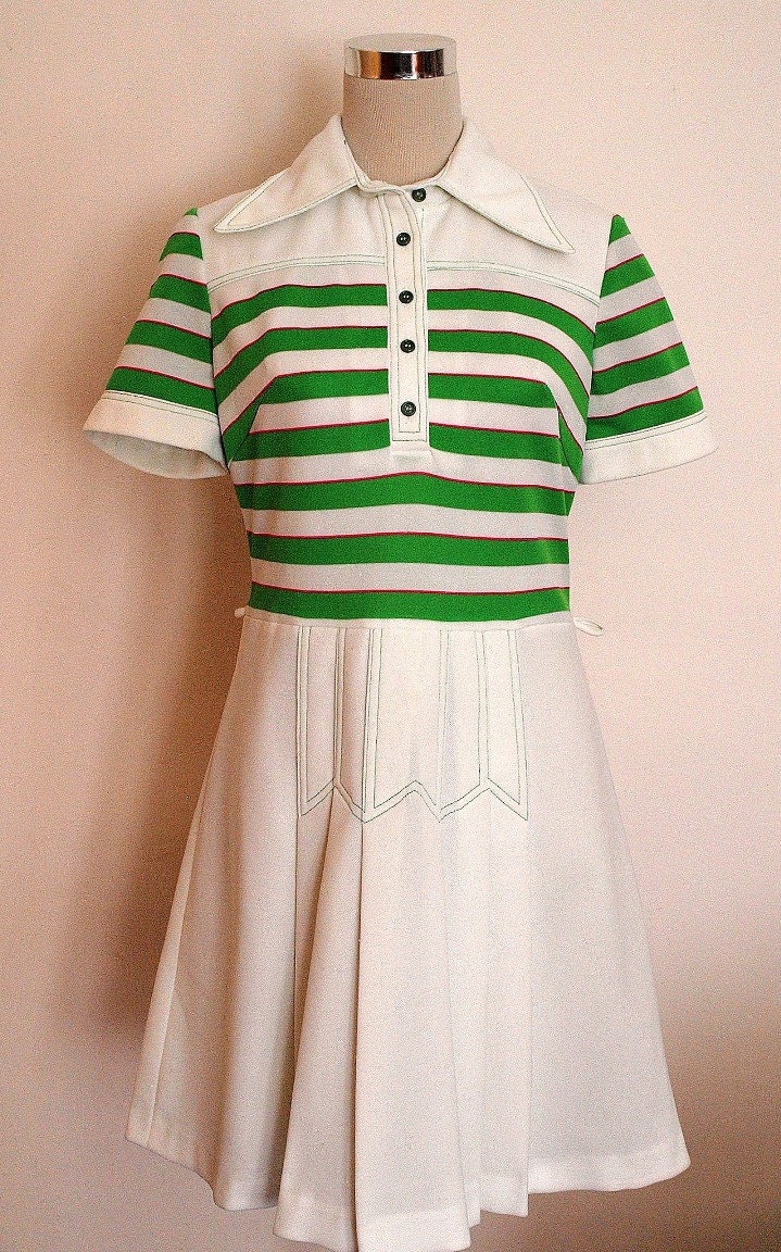 1960's vintage dress / Scooter / Mod / retro tennis style summer dress. Green and white striped dress.