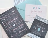 Chalkboard & Chevron Modern Wedding Invitation  / / Unique Pink and Grey Calligraphy Wedding Set