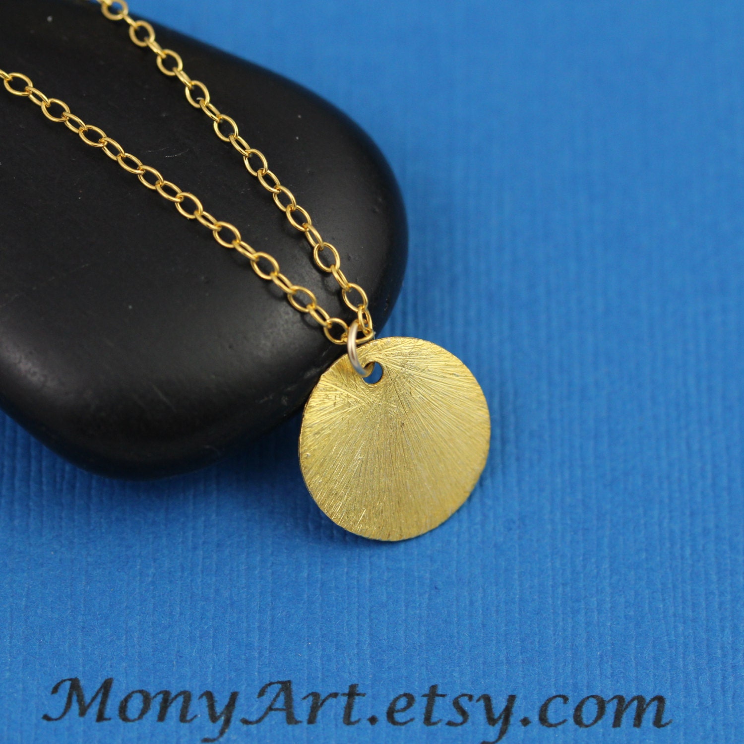 Gold disc necklace- Reese coin necklace - Simple Wedding necklace- Brushed gold coin necklace /circle drop gold Necklace- Sun drop