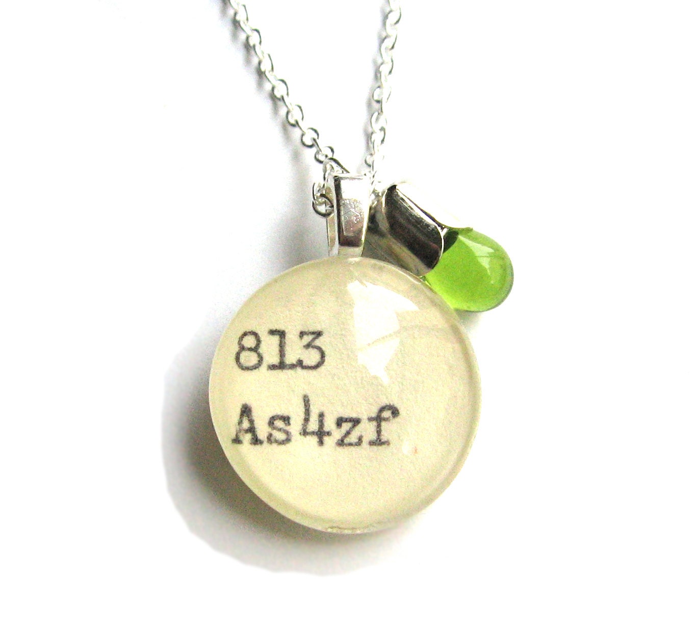 Sterling Silver Tulip Casing Olive Lime Green Drop Dewey Decimal Library Necklace