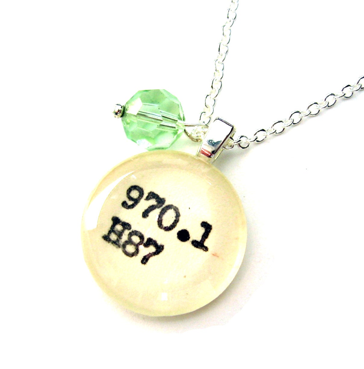 Faceted Mint Green Pastel Glass Globe Dewey Decimal Vintage Card Catalog Sterling Silver Necklace LAST ONE