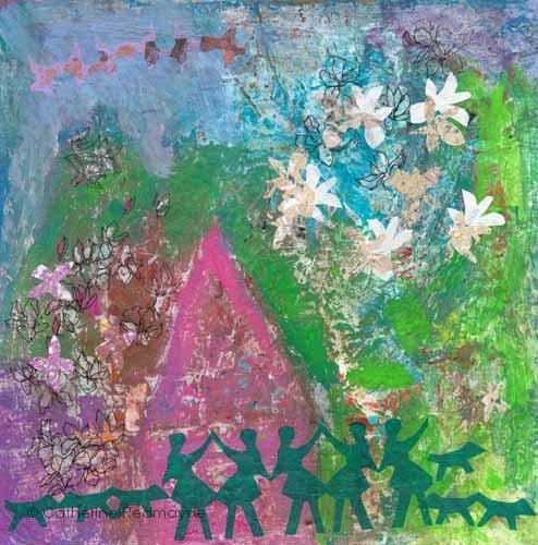 Magnolia Time mixed media collage small original painting