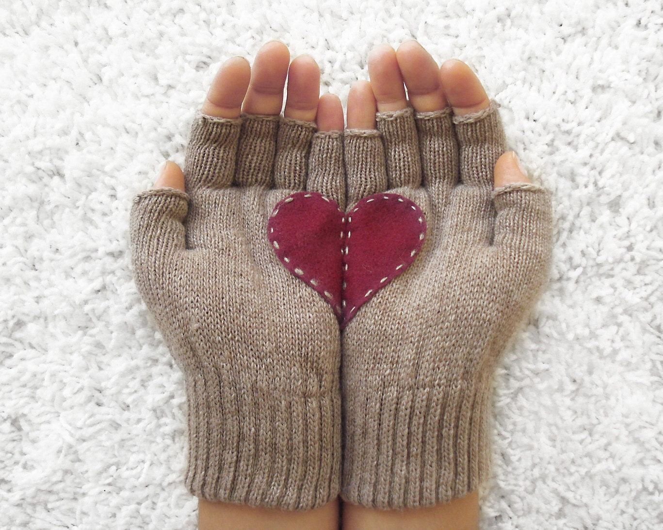 Heart Gloves, Fingerless Beige Gloves with Cherry Felt Heart