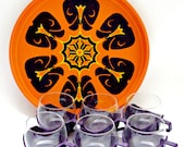 Funky Retro Tin Tray and Glasses Mug Set in Orange and Purple, Never Used