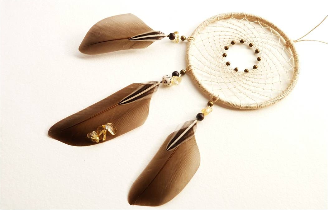 Dream catcher, Brown yellow dreamcatcher, Light brown earth toned Tribal feather pendant with natural feahters and Citrine, Home decor - LittleAmber