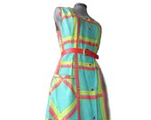 Country neon teal / red / yellow shirtdress - apron button down scoop neck M L 8 10 plaid stripe