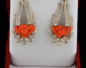 Spectacular natural coral cherubs and 3.10 Ct old cut diamond panel earrings
