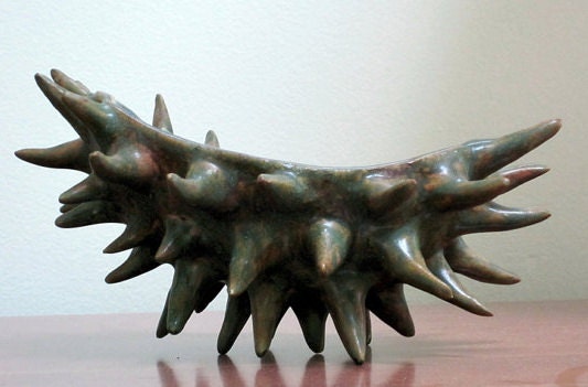 Ceramic thorny pot with aqua interior -contemporary slab and pinch pot  constructed low fire ceramic vessel by Carrianne Hendrickson