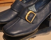 NOS Blue Loafers with Gold Buckles Gallenkamp Mid Century 1960s Ladies Work Shoes Size 8.5 M 1970s