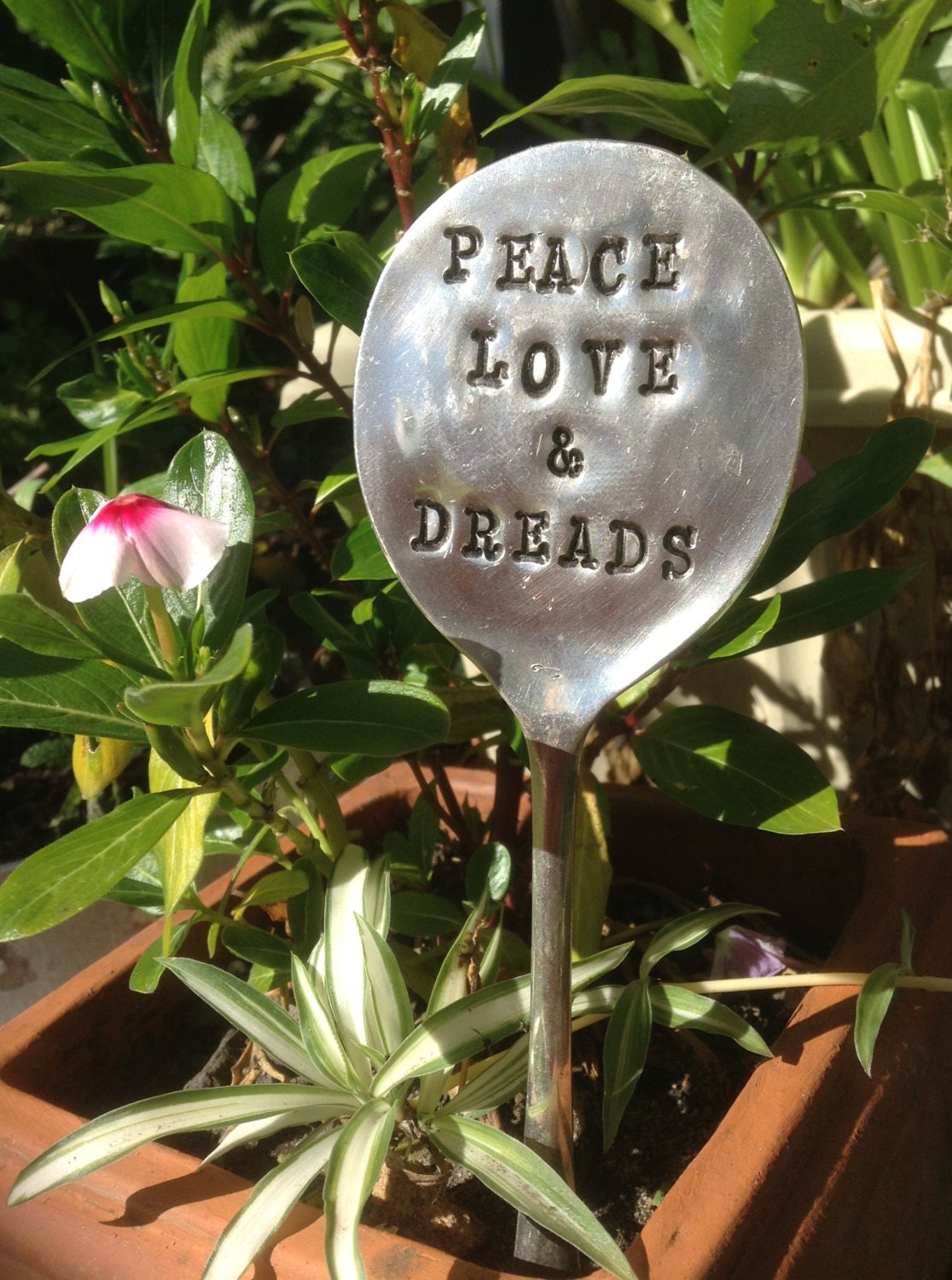 PEACE LOVE & DREADS Recycled Cutlery Garden Marker Spoon - Handmade - Silver Plated
