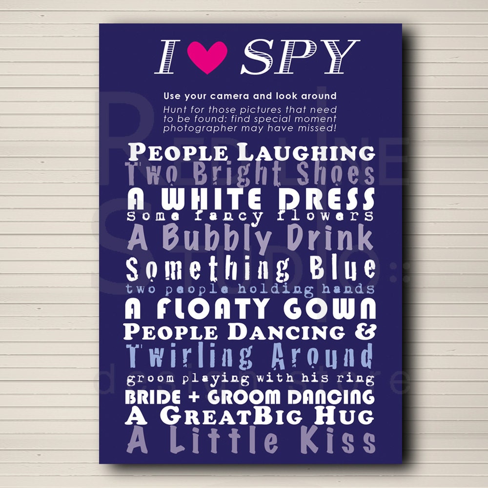 I spy game card. Wedding game photographic scavenger hunt. DIY printable