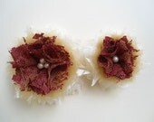 Lace Fabric Flower Hair Clips Floral Hair Accessories Wine Red Off White Lace Honey Gold Tulle with Pearls for Bridesmaids, Women, Gifts