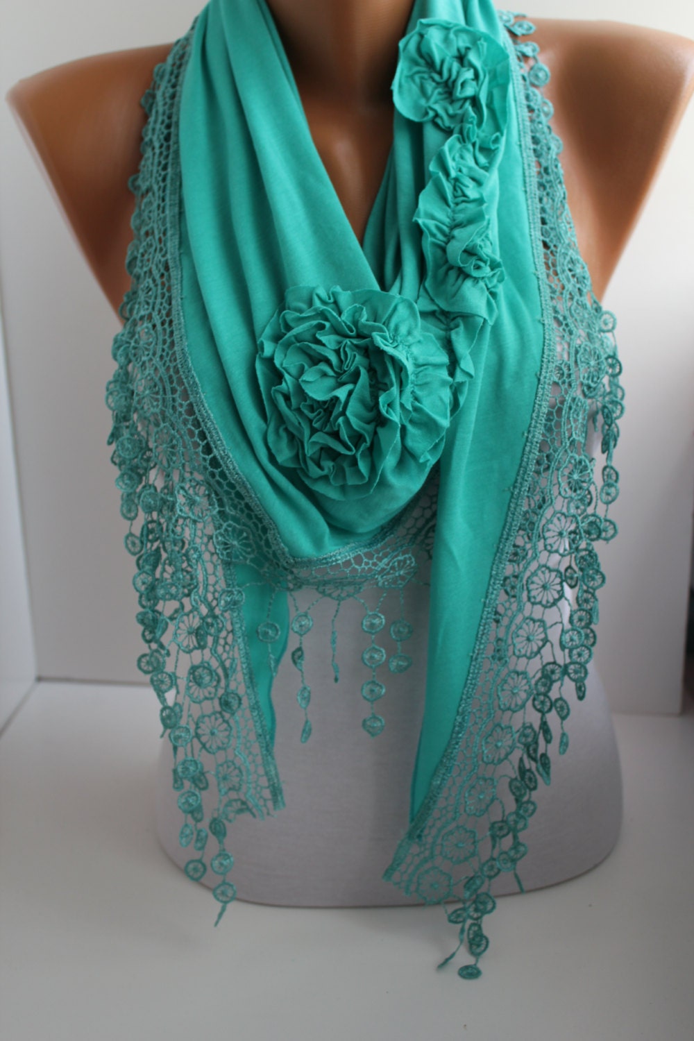 NEW- Mothers Day Gift Turquoise- Mint Rose Scarf - Headband  with Lace Edge -
